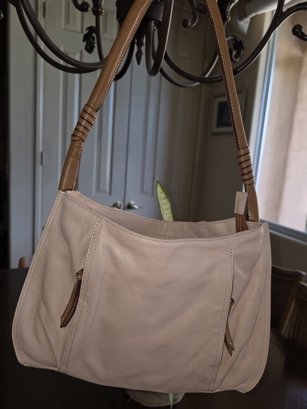 Sundance Leather Shoulder Bag Pink Pebbled with Tan Straps